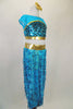 Turquoise & gold 2-piece genie costume has sequined top with mesh upper & gold banding. Pants are sheer with dangling sequins & gold brief. Has gold hair piece. Side