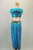 Turquoise & gold 2-piece genie costume has sequined top with mesh upper & gold banding. Pants are sheer with dangling sequins & gold brief. Has gold hair piece. Front