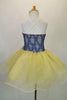 Cornflower blue mesh bodice has gathered diamond pattern on gold base with attached gold glitter tulle skirt.  Comes with floral belt and hair accessory. Back