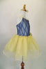 Cornflower blue mesh bodice has gathered diamond pattern on gold base with attached gold glitter tulle skirt.  Comes with floral belt and hair accessory.  Right side