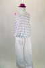 Funky hip-hop costume has silver & white striped racer-back lose top that sits over fuchsia tank. The pants are white cotton. Comes with mini gangster hat, gauntlets and a sock. Front