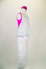 Funky hip-hop costume has silver & white striped racer-back lose top that sits over fuchsia tank. The pants are white cotton. Comes with mini gangster hat, gauntlets and a sock. Side