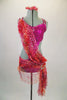 Fuchsia sequined costume with cut-out sides accented by front cascading orange-pink string net scarf that acts like a sarong skirt & attaches at left hip with crystal buckle. Comes with gauntlets and hair accessory. Front