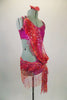 Fuchsia sequined costume with cut-out sides accented by front cascading orange-pink string net scarf that acts like a sarong skirt & attaches at left hip with crystal buckle. Comes with gauntlets and hair accessory. Right side