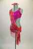 Fuchsia sequined costume with cut-out sides accented by front cascading orange-pink string net scarf that acts like a sarong skirt & attaches at left hip with crystal buckle. Comes with gauntlets and hair accessory. Left side