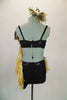 Wild 2-piece bird themed costume is black shorts & bra with large feather embellishment, linked by gold knit-mesh cascading scarf & feather hip accent. Comes with feather hair accessory. Back