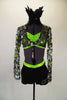  3-piece costume with lime green sequined bra top & black shorts with crystaled hoops. Jacket is made of hooped sequins with black feather stand-up collar. Front