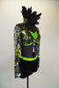  3-piece costume with lime green sequined bra top & black shorts with crystaled hoops. Jacket is made of hooped sequins with black feather stand-up collar. Right side