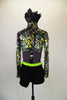  3-piece costume with lime green sequined bra top & black shorts with crystaled hoops. Jacket is made of hooped sequins with black feather stand-up collar.  Back