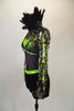  3-piece costume with lime green sequined bra top & black shorts with crystaled hoops. Jacket is made of hooped sequins with black feather stand-up collar. Left side