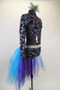 2-piece costume with a silver-blue-purple shattered glass pattern has a long sleeved top with open back, has matching brief with long blue-purple tulle bustle. Comes with matching hair accessory. Right side