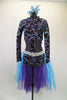2-piece costume with a silver-blue-purple shattered glass pattern has a long sleeved top with open back, has matching brief with long blue-purple tulle bustle. Comes with matching hair accessory. Front