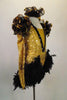  4-piece costume consists of a gold camisole leotard with black sequined front & matching skirt with boa feathers. Comes with pill hat and ruffled gauntlets. Right side