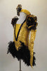  4-piece costume consists of a gold camisole leotard with black sequined front & matching skirt with boa feathers. Comes with pill hat and ruffled gauntlets. Left side