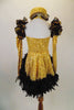  4-piece costume consists of a gold camisole leotard with black sequined front & matching skirt with boa feathers. Comes with pill hat and ruffled gauntlets. Back