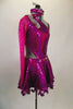 Fuchsia one sleeved costume has cut-out sides that attach at right hip. Back has angled straps, & sequined shoulder applique. Skirt has large dangling sequins. Comes with crystal hair barrette. Right side