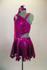 Fuchsia one sleeved costume has cut-out sides that attach at right hip. Back has angled straps, & sequined shoulder applique. Skirt has large dangling sequins. Comes with crystal hair barrette. Left side