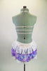 White bra has beaded lace with white chiffon & is embellished with crystal brooch accent. Skirts has purple & white chiffon ruffles & large beaded appliques. Comes with crystal hair comb. Back
