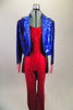 American themed costume is a bright red unitard that sits below blue metallic tailcoat with white lining. stared lapels & striped cuffs and mini silver top hat. Front
