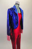 American themed costume is a bright red unitard that sits below blue metallic tailcoat with white lining. stared lapels & striped cuffs and mini silver top hat. Right side