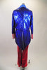 American themed costume is a bright red unitard that sits below blue metallic tailcoat with white lining. stared lapels & striped cuffs and mini silver top hat. Back