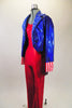 American themed costume is a bright red unitard that sits below blue metallic tailcoat with white lining. stared lapels & striped cuffs and mini silver top hat. Left side