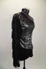 Black & silver asymmetrical top has silver & black pattern & a single sleeve of layered black fringe. Comes with black high waisted shorts & hair accessory. Right side