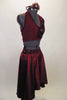 Deep maroon, 2-piece lyrical costume has flowing shimmery high-low skirt with attached brief & halter bra-top has angled back gossamer straps. Comes with matching hair accessory. Right side