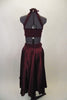 Deep maroon, 2-piece lyrical costume has flowing shimmery high-low skirt with attached brief & halter bra-top has angled back gossamer straps. Comes with matching hair accessory. Back