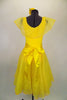 Sunshine yellow dress has full circle lace skit. The body is a Lycra tank base with lace Puritan collar & blue flower. Comes with sash & flower hair accessory. Back