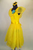 Sunshine yellow dress has full circle lace skit. The body is a Lycra tank base with lace Puritan collar & blue flower. Comes with sash & flower hair accessory. Left side