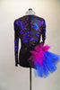 Black sequined leotard with sweetheart neckline has sheer black mesh upper with long sleeves covered in blue & magenta sequined swirls & large right hip pouf. Comes with matching floral hair accessory. Back
