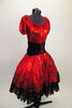 2-piece costume is a shimmery red with pouf sleeves & gathered bodice, accompanied by a matching skirt with layers of black tulle and black velvet corset belt. Comes with matching kerchief. Right side