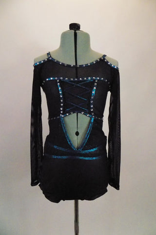 Back brief-cut leotard has banded leg & teal, crystalled edging. Costume has open center front/back, corset bust & sheer upper with off-shoulder long sleeves. Front