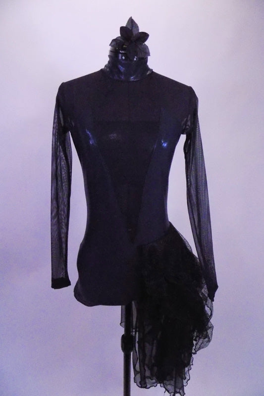 Charcoal metallic short unitard had a deep V front and long black sheer sleeves and chest with black bust panel. Left hip has layered gossamer hip bustle. Comes with hair accessory. Front