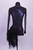 Charcoal metallic short unitard had a deep V front and long black sheer sleeves and chest with black bust panel. Left hip has layered gossamer hip bustle. Comes with hair accessory. Back