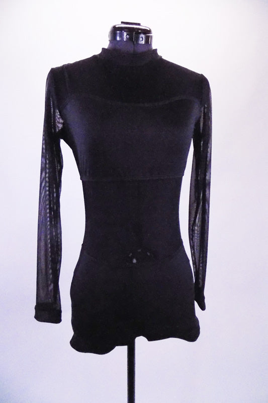 Simple yet elegant black short unitard has black sheer middle, sleeves and chest. The shorts and bust are lined and back is full zip. Very well made. Front