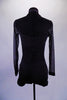 Simple yet elegant black short unitard has black sheer middle, sleeves and chest. The shorts and bust are lined and back is full zip. Very well made. Back