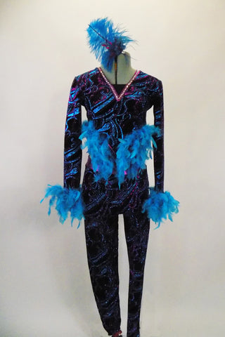 Unitard with blue & magenta swirl pattern on black velvet. The sides & cuffs are lined with turquoise feathers. Open cross back & banding is covered in crystals. Comes with feather hair accessory. Front