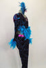 Unitard with blue & magenta swirl pattern on black velvet. The sides & cuffs are lined with turquoise feathers. Open cross back & banding is covered in crystals. Comes with feather hair accessory. Right side