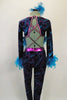 Unitard with blue & magenta swirl pattern on black velvet. The sides & cuffs are lined with turquoise feathers. Open cross back & banding is covered in crystals. Comes with feather hair accessory. Back