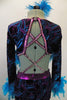 Unitard with blue & magenta swirl pattern on black velvet. The sides & cuffs are lined with turquoise feathers. Open cross back & banding is covered in crystals. Comes with feather hair accessory. Back zoomed