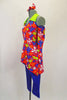 Funky 70’s themed costume has capri-length electric blue metallic pants accompanied by a brightly colored, angle cut flower pattern top with matching gauntlets & hair accessory. Left side