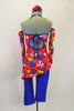 Funky 70’s themed costume has capri-length electric blue metallic pants accompanied by a brightly colored, angle cut flower pattern top with matching gauntlets & hair accessory. Back