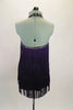 Deep purple halter fringe dress has neckline and low back lined with AB Swarovski crystals. The halter neck band has a double band of crystals for added bling. Back