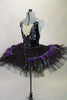 Platter tutu with oblong tail shape. The black base has an overlay of iridescent appliques &hints of green, black & purple feathers. Comes with feathered mask. Left side