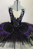 Platter tutu with oblong tail shape. The black base has an overlay of iridescent appliques &hints of green, black & purple feathers. Comes with feathered mask. Front zoomed