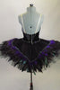 Platter tutu with oblong tail shape. The black base has an overlay of iridescent appliques &hints of green, black & purple feathers. Comes with feathered mask. Back