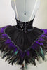 Platter tutu with oblong tail shape. The black base has an overlay of iridescent appliques &hints of green, black & purple feathers. Comes with feathered mask. Back zoomed