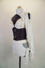  2-piece white contemporary/lyrical costume has shorts with mesh side and tie accent. Bra has hand painted white & gold swirls & attached single Bishop sleeved shrug. Left side